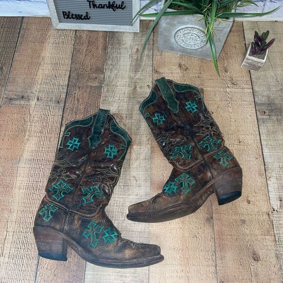 Corral Womens Whiskey Turquoise Blue Cross Brown Embroidered Western Boots - Picture 10 of 16